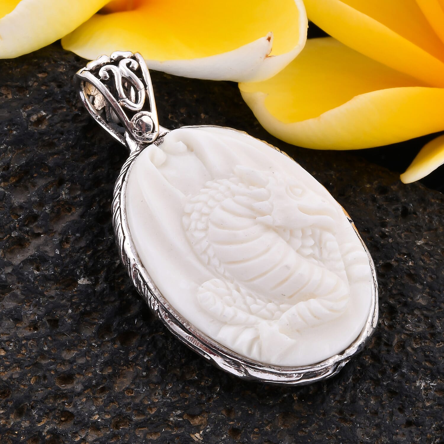 OX Bone Dragon Carved Reversible Pendant in Sterling Silver, Silver wt 6.00 Gms