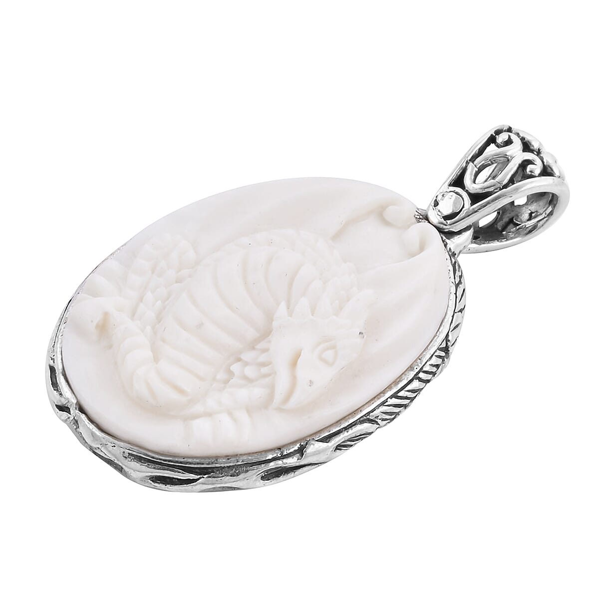 OX Bone Dragon Carved Reversible Pendant in Sterling Silver, Silver wt 6.00 Gms