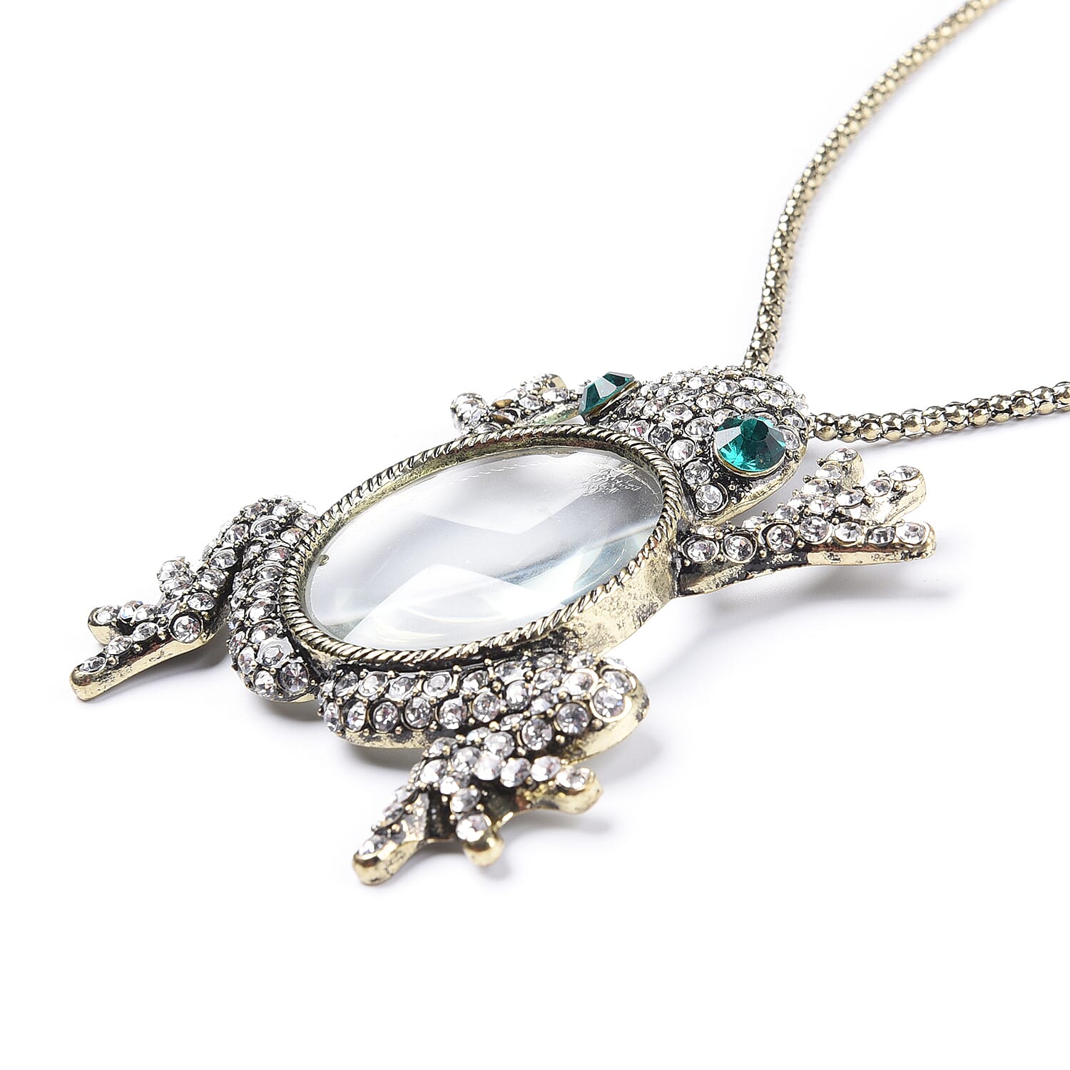 Simulated Diamond, Green and White Austrian Crystal Frog Pendant with Chain (Size 28 with 3 inch Extender) in Yellow Gold Tone