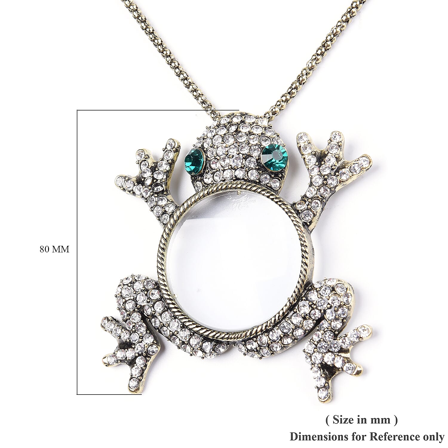 Simulated Diamond, Green and White Austrian Crystal Frog Pendant with Chain (Size 28 with 3 inch Extender) in Yellow Gold Tone