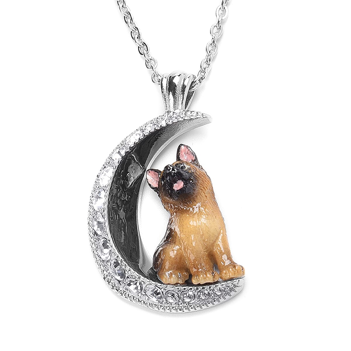 White Austrian Crystal Engraved Moon and Enamelled German Shepherd Dog Pendant with Chain (Size 20) in Stainless Steel
