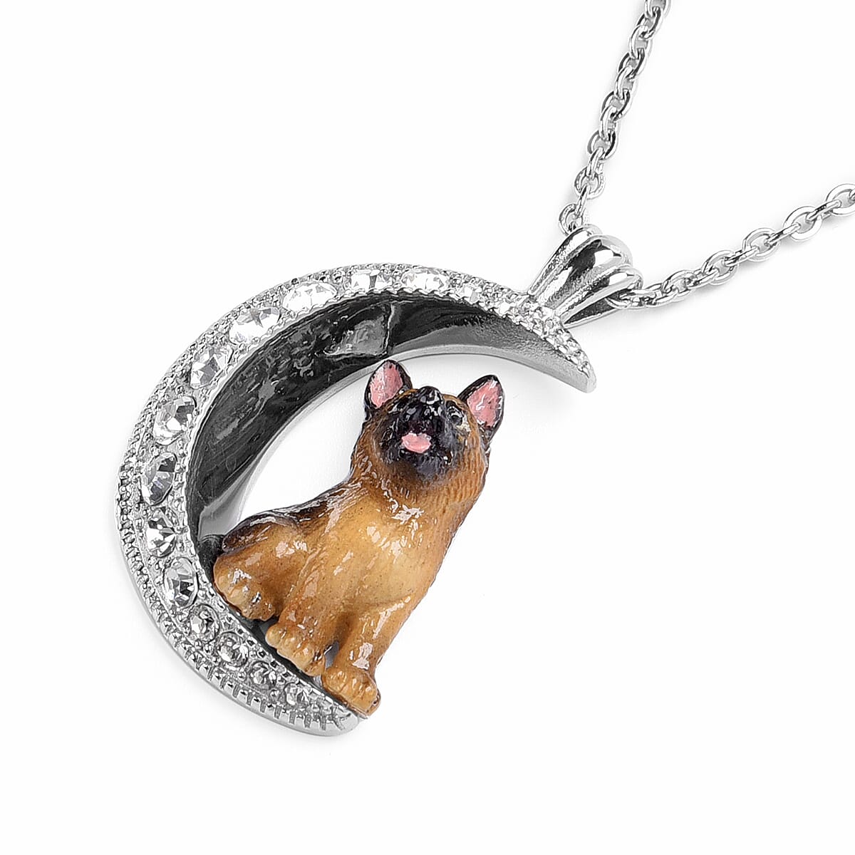 White Austrian Crystal Engraved Moon and Enamelled German Shepherd Dog Pendant with Chain (Size 20) in Stainless Steel