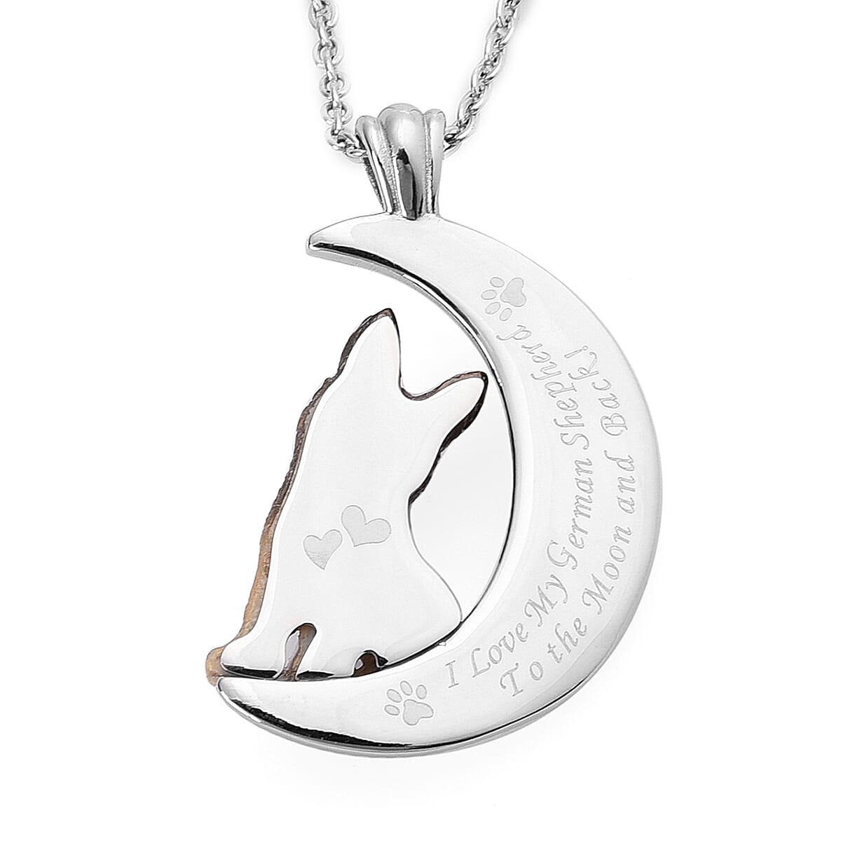 White Austrian Crystal Engraved Moon and Enamelled German Shepherd Dog Pendant with Chain (Size 20) in Stainless Steel