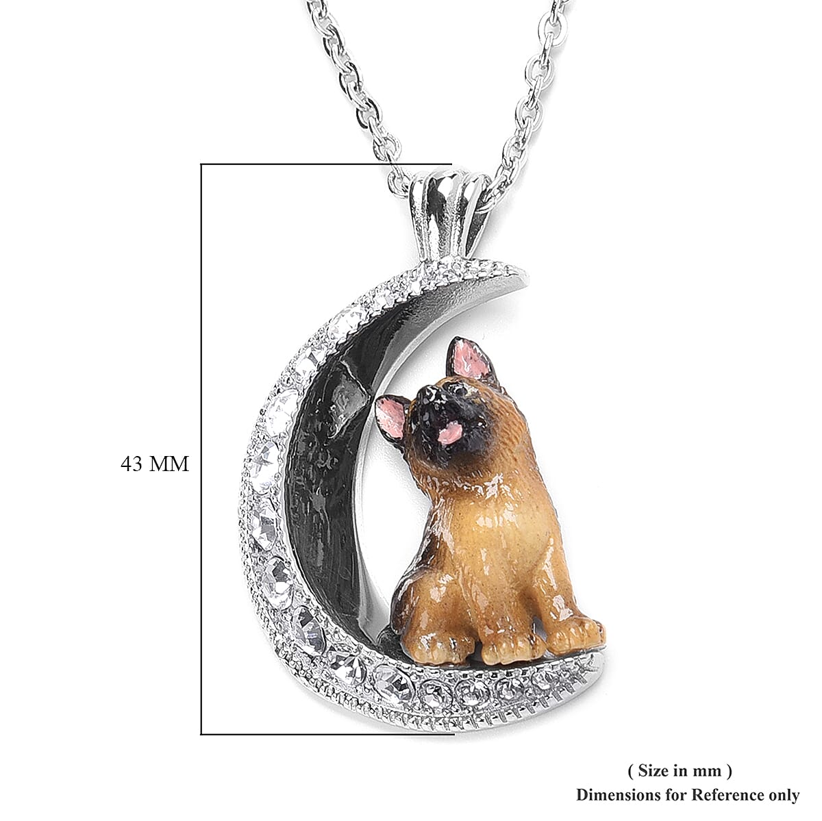 White Austrian Crystal Engraved Moon and Enamelled German Shepherd Dog Pendant with Chain (Size 20) in Stainless Steel