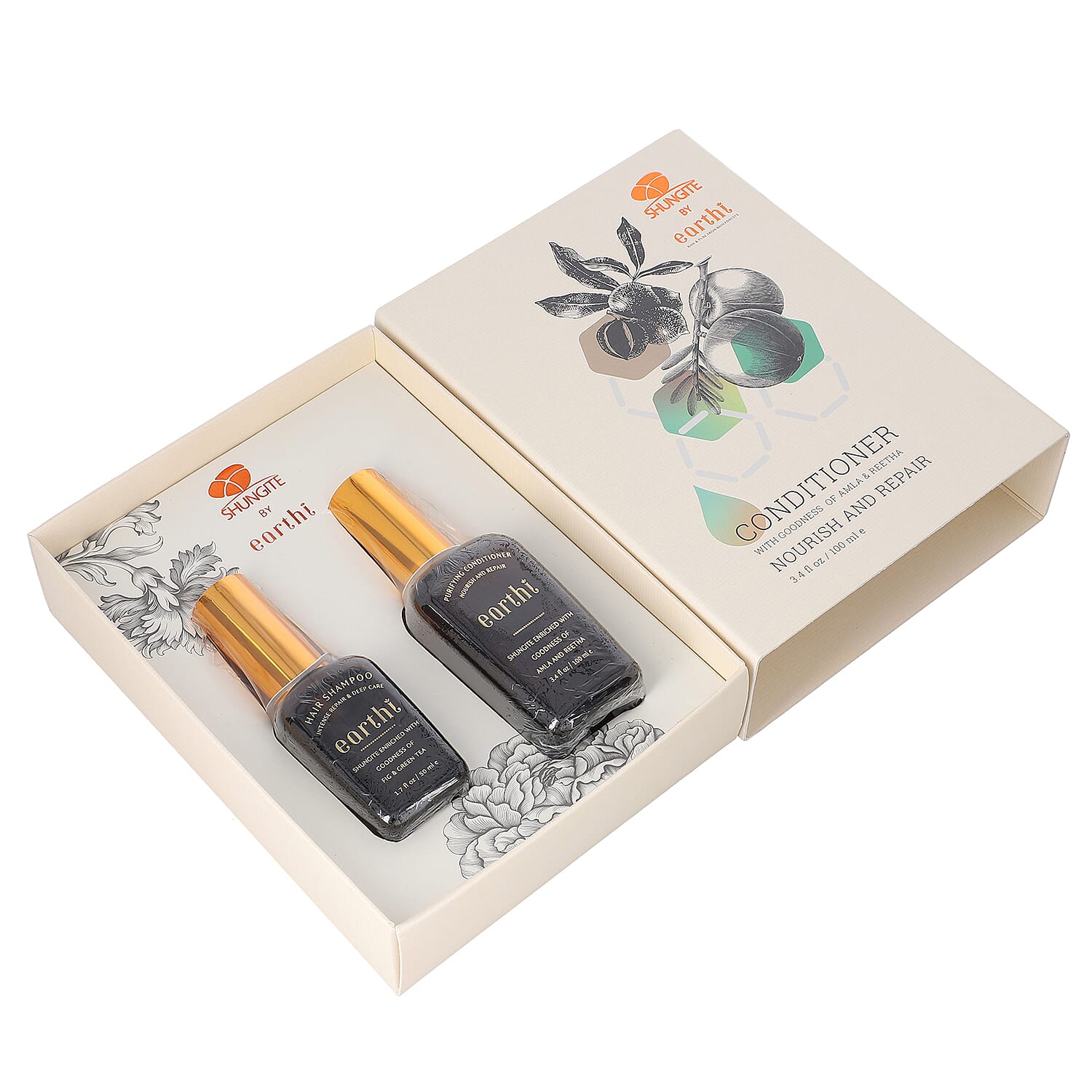 Shungite Enriched Earthi  Amla and Reetha Purifying Hair Conditioner with complementary Green Tea and Fig Shampoo (100ml-50ml)