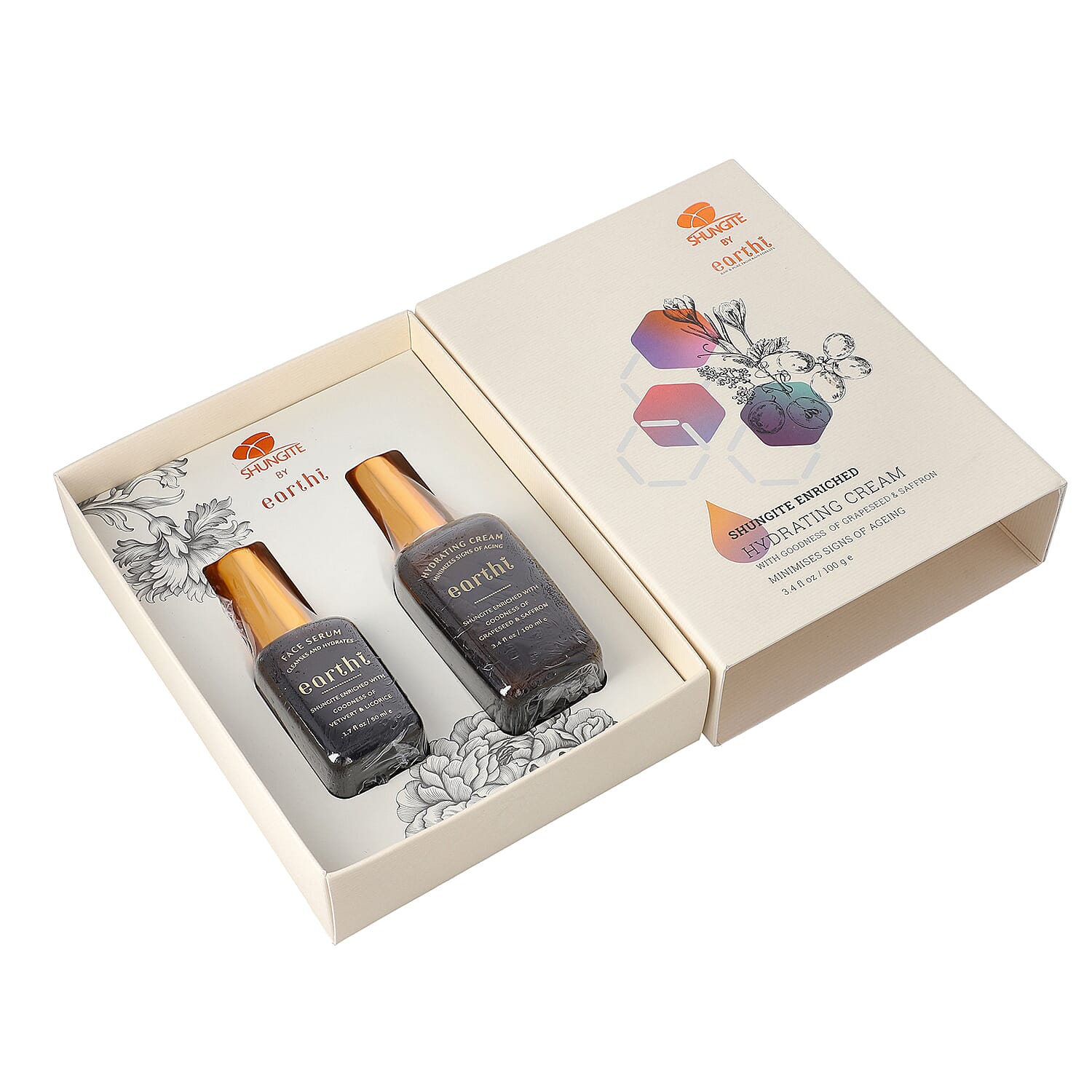 Shungite Enriched Earthi Grape Seed & Saffron Hydrating Cream with Shungite with Complementary Vetiver and Licorice serum (100ml+50ml)