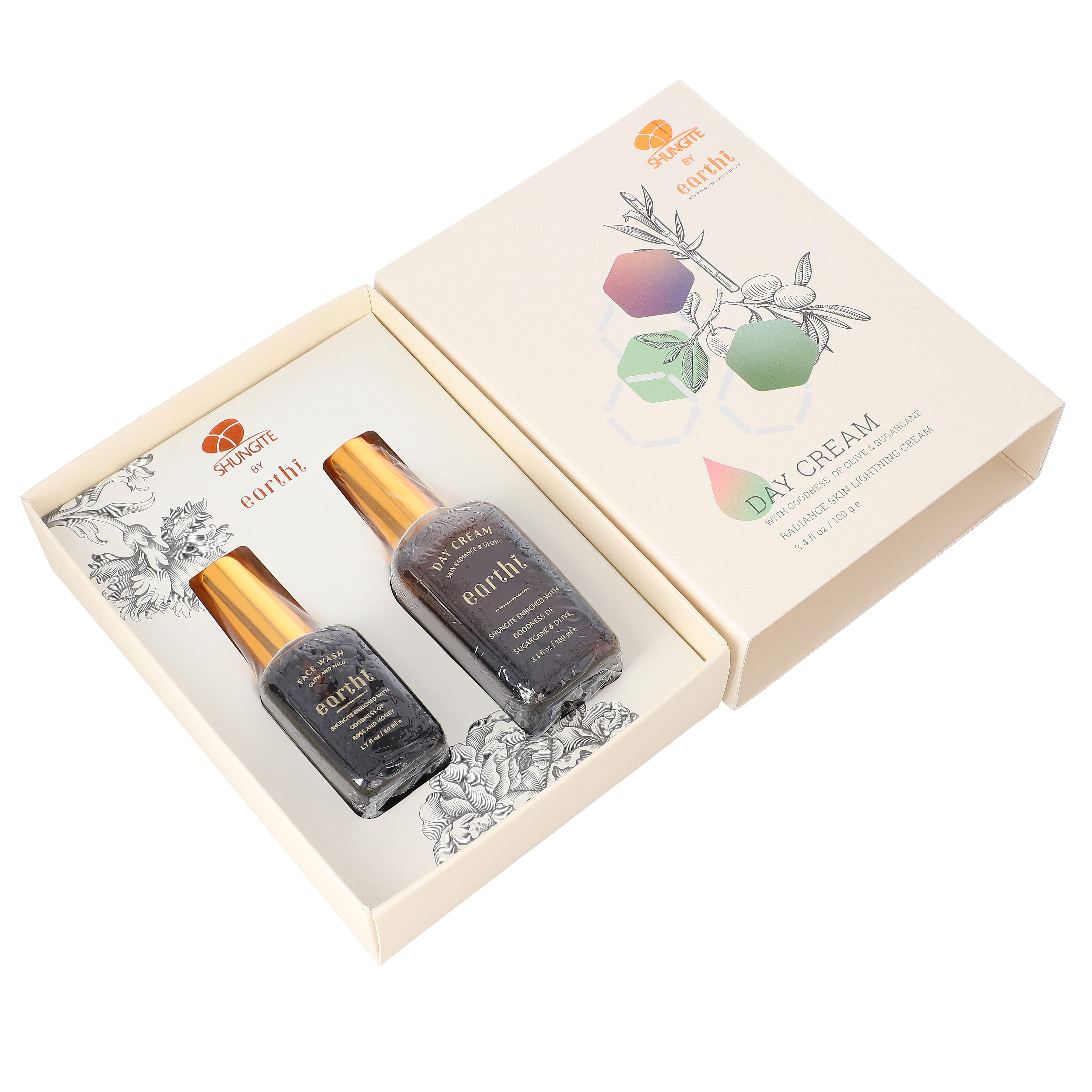 Shungite Enriched Earthi Sugarcane and Olive Radiance Day Cream with Complementary Rose Face Wash (100ml+50ml)