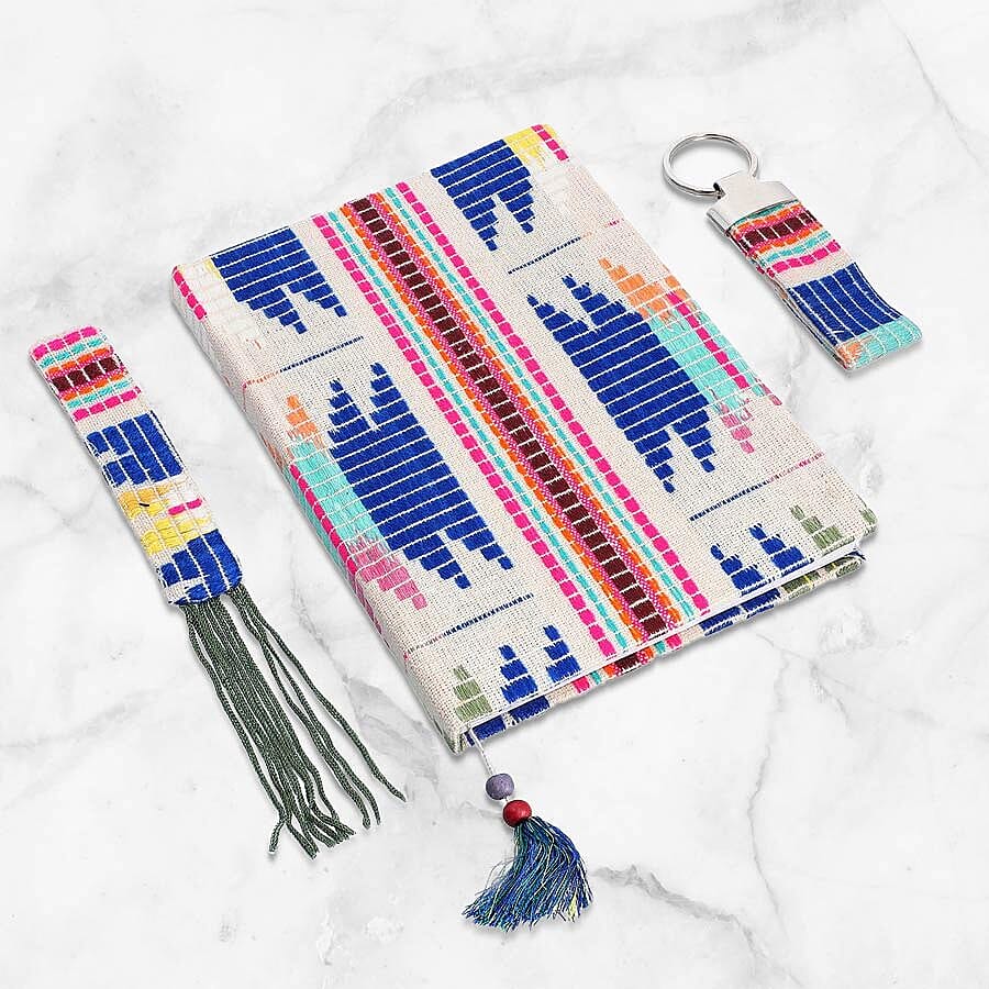 Jacquard Knitted Fabric Cover Diary (21x15cm) with Matching Keychain and Bookmark - Beige and Multi Colour