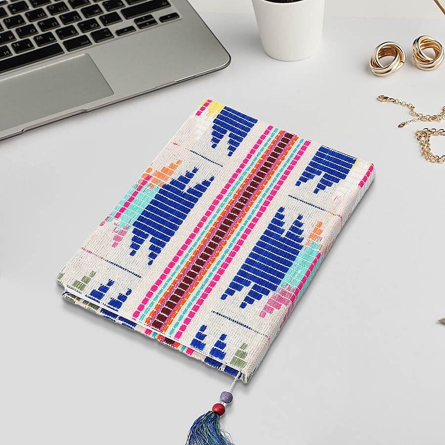 Jacquard Knitted Fabric Cover Diary (21x15cm) with Matching Keychain and Bookmark - Beige and Multi Colour