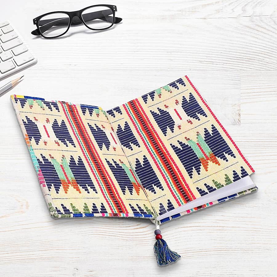 Jacquard Knitted Fabric Cover Diary (21x15cm) with Matching Keychain and Bookmark - Beige and Multi Colour