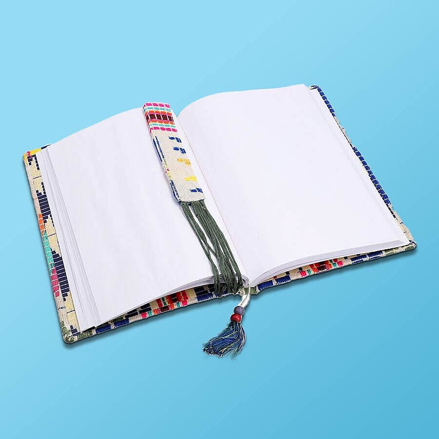 Jacquard Knitted Fabric Cover Diary (21x15cm) with Matching Keychain and Bookmark - Beige and Multi Colour