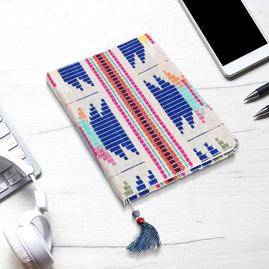 Jacquard Knitted Fabric Cover Diary (21x15cm) with Matching Keychain and Bookmark - Beige and Multi Colour