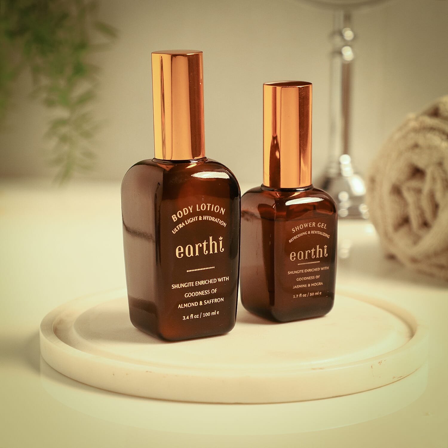 Shungite Enriched Earthi Almond and Saffron Body Lotion with Complementary Jasmine and Mogra Shower Gel (100ml+50ml)