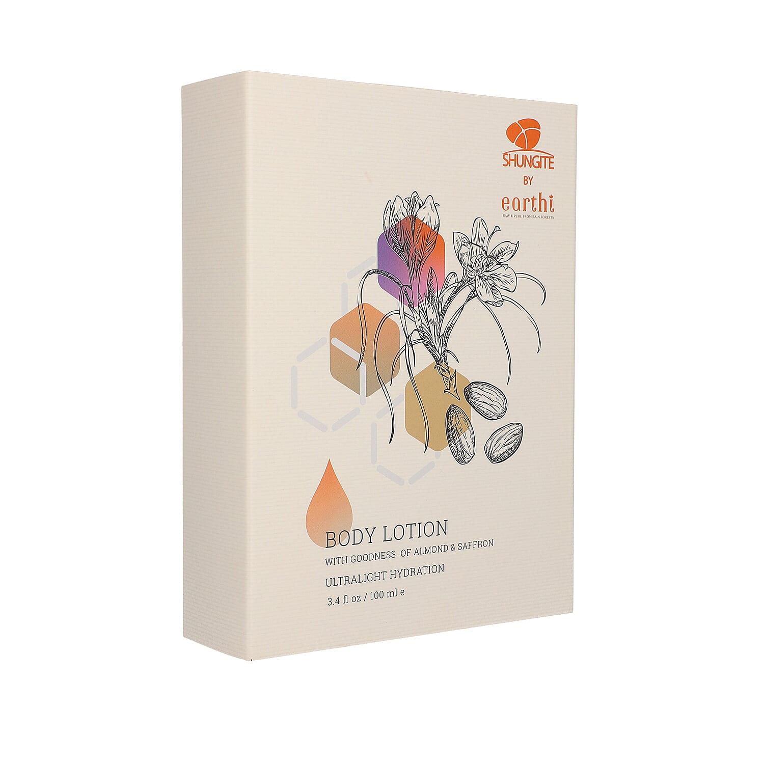 Shungite Enriched Earthi Almond and Saffron Body Lotion with Complementary Jasmine and Mogra Shower Gel (100ml+50ml)