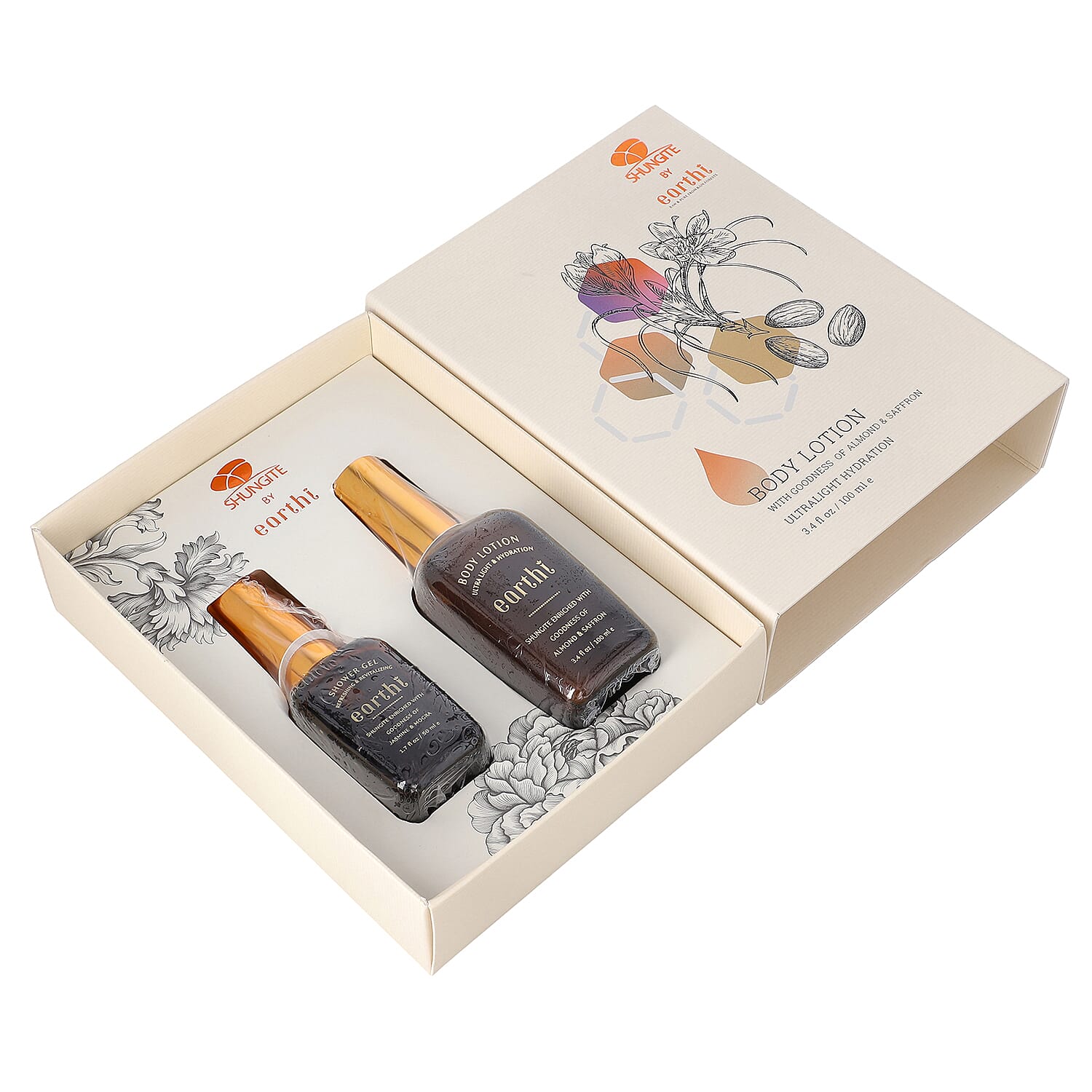 Shungite Enriched Earthi Almond and Saffron Body Lotion with Complementary Jasmine and Mogra Shower Gel (100ml+50ml)