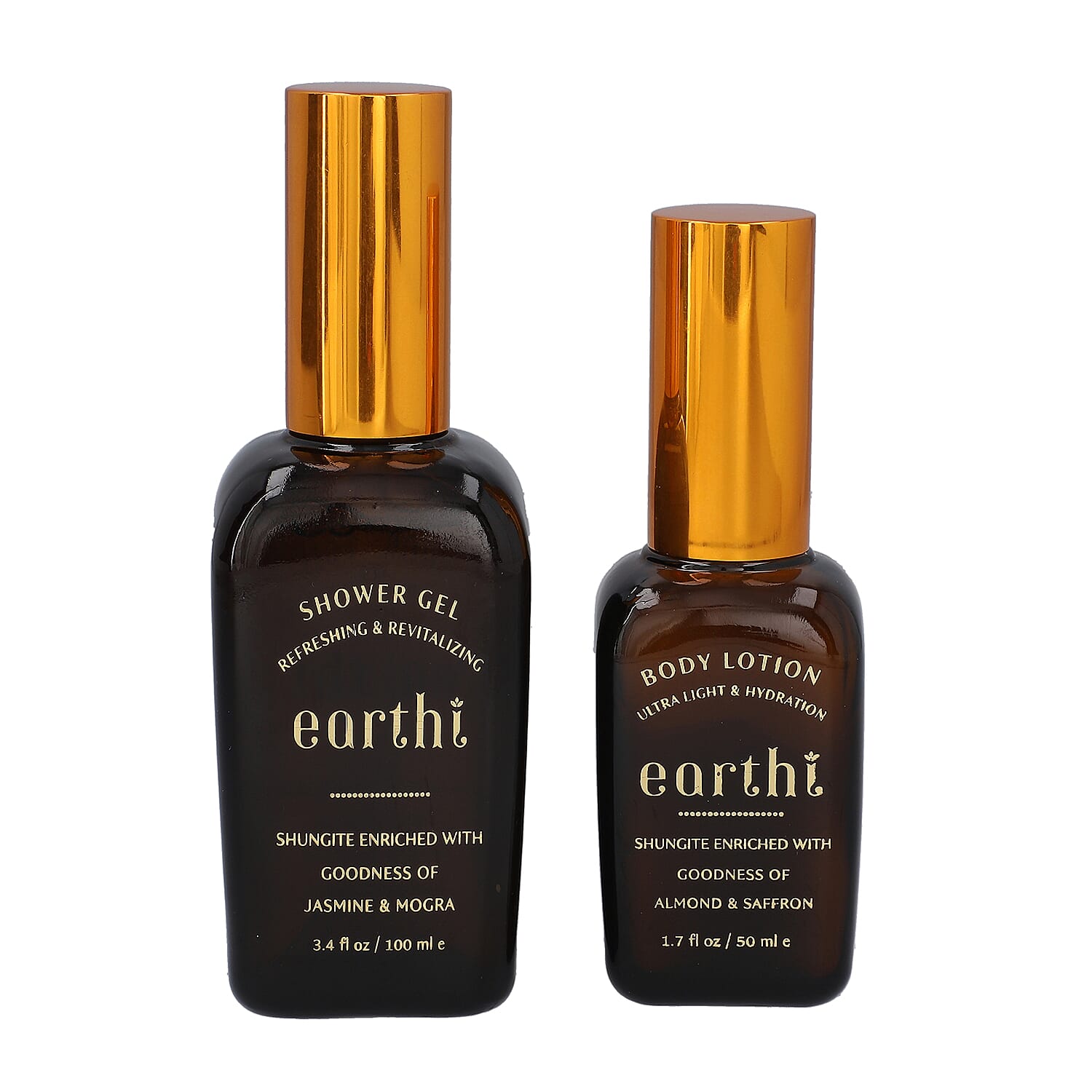 Shungite Enriched Earthi Jasmine and Mogra Bath & Body Shower Gel with Complementary Almond and Saffron Body Lotion (100ml-50ml)