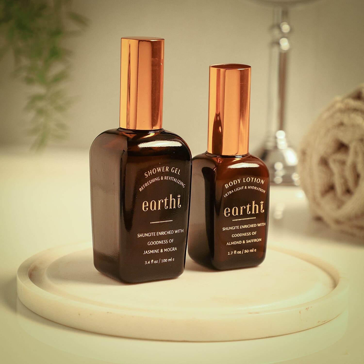 Shungite Enriched Earthi Jasmine and Mogra Bath & Body Shower Gel with Complementary Almond and Saffron Body Lotion (100ml-50ml)