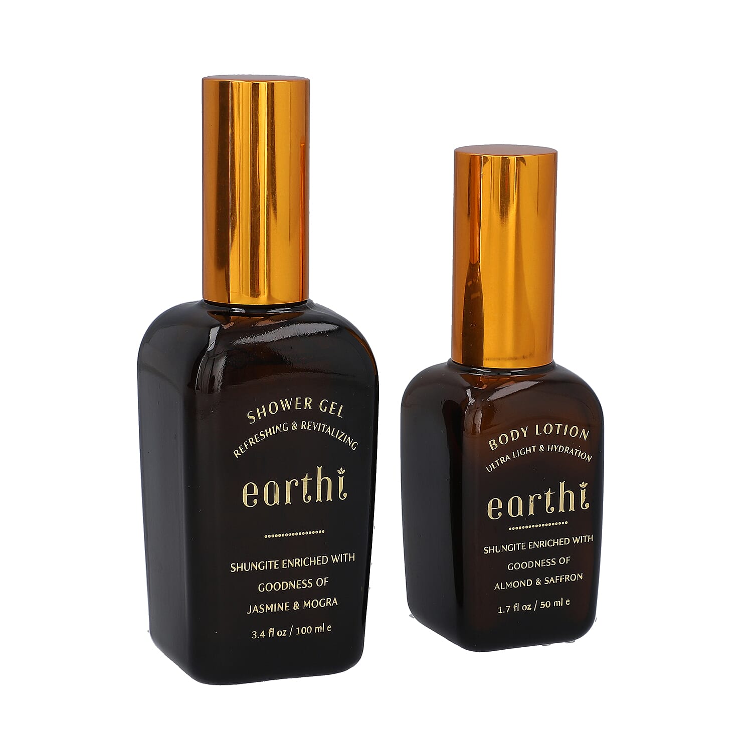 Shungite Enriched Earthi Jasmine and Mogra Bath & Body Shower Gel with Complementary Almond and Saffron Body Lotion (100ml-50ml)
