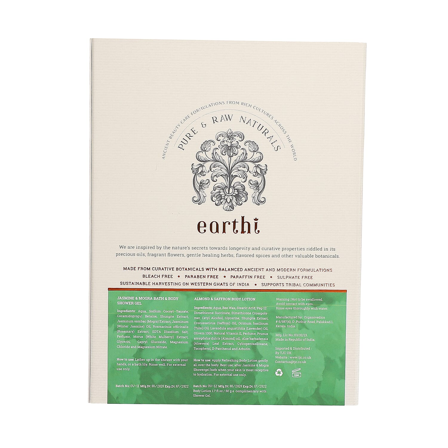 Shungite Enriched Earthi Jasmine and Mogra Bath & Body Shower Gel with Complementary Almond and Saffron Body Lotion (100ml-50ml)