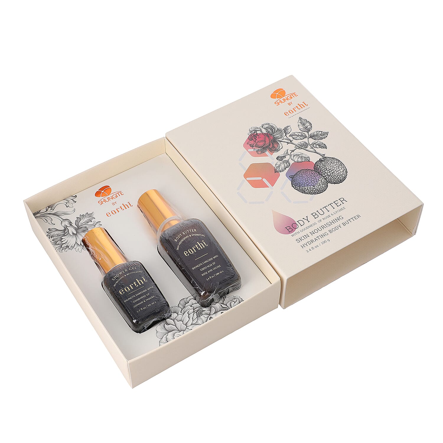 Shungite Enriched Earthi Rose and Lychee Body Butter with complementary Jasmine and Mogra Shower gel (100ml+50ml)