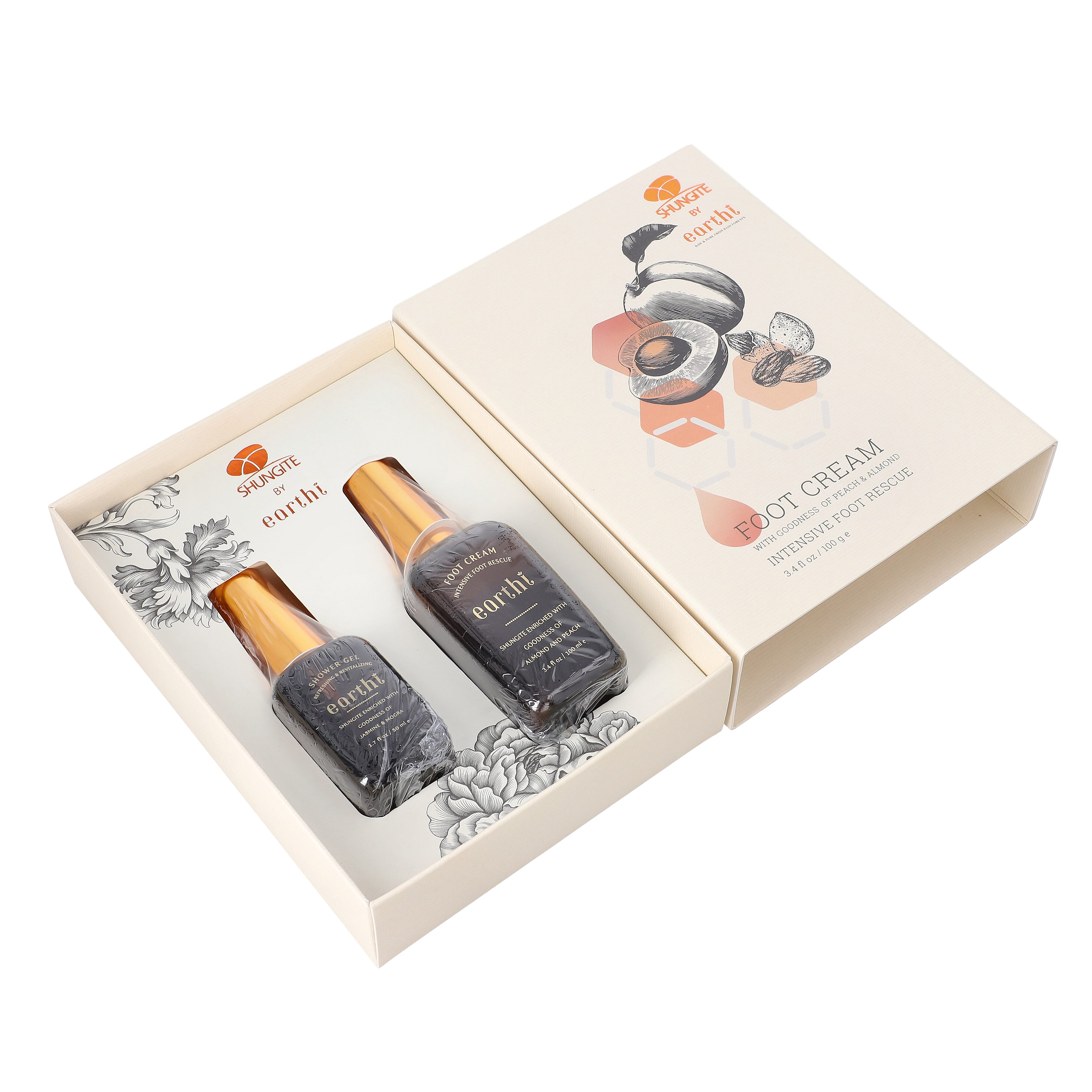Shungite Enriched Earthi Almond and Peach Foot Cream with Complementary Jasmine and Mogra Shower Gel (100ml-50ml)