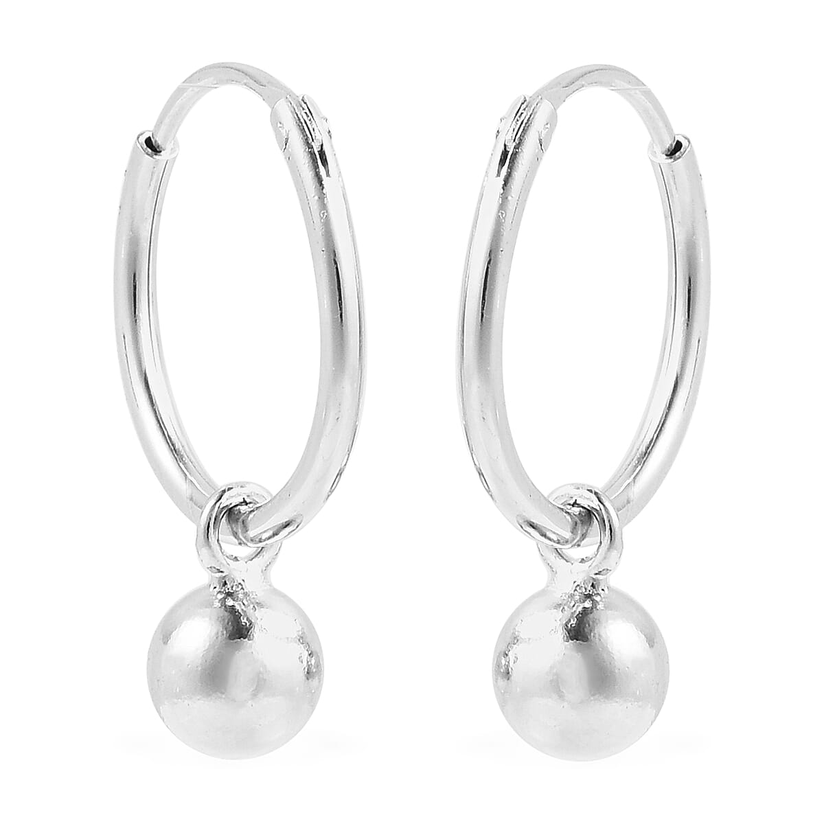 Rhodium Overlay Sterling Silver Bead Hoop Earrings (with Clasp)