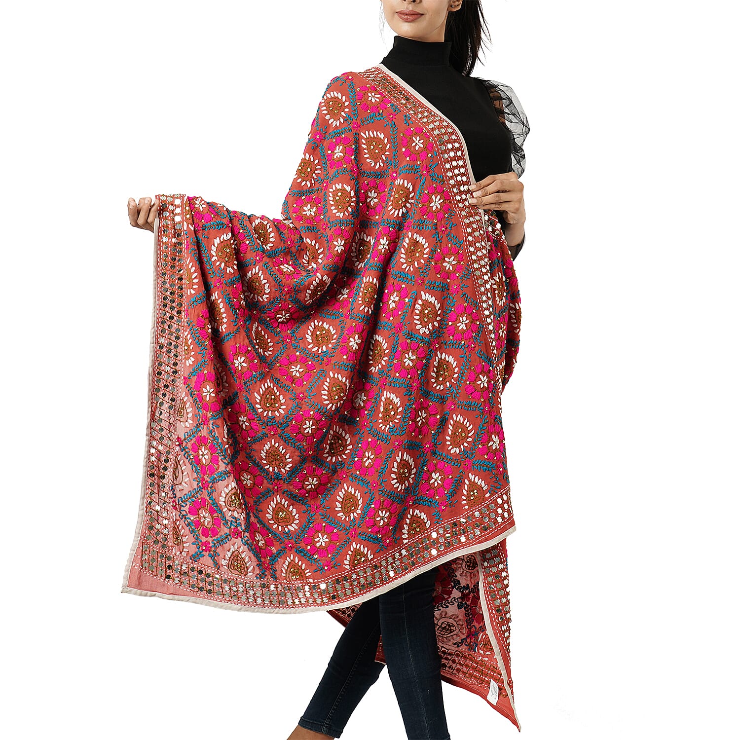 100% Viscose Indian Phulkari Embroidered Long Scarf (Size 198x88 Cm) - Maroon