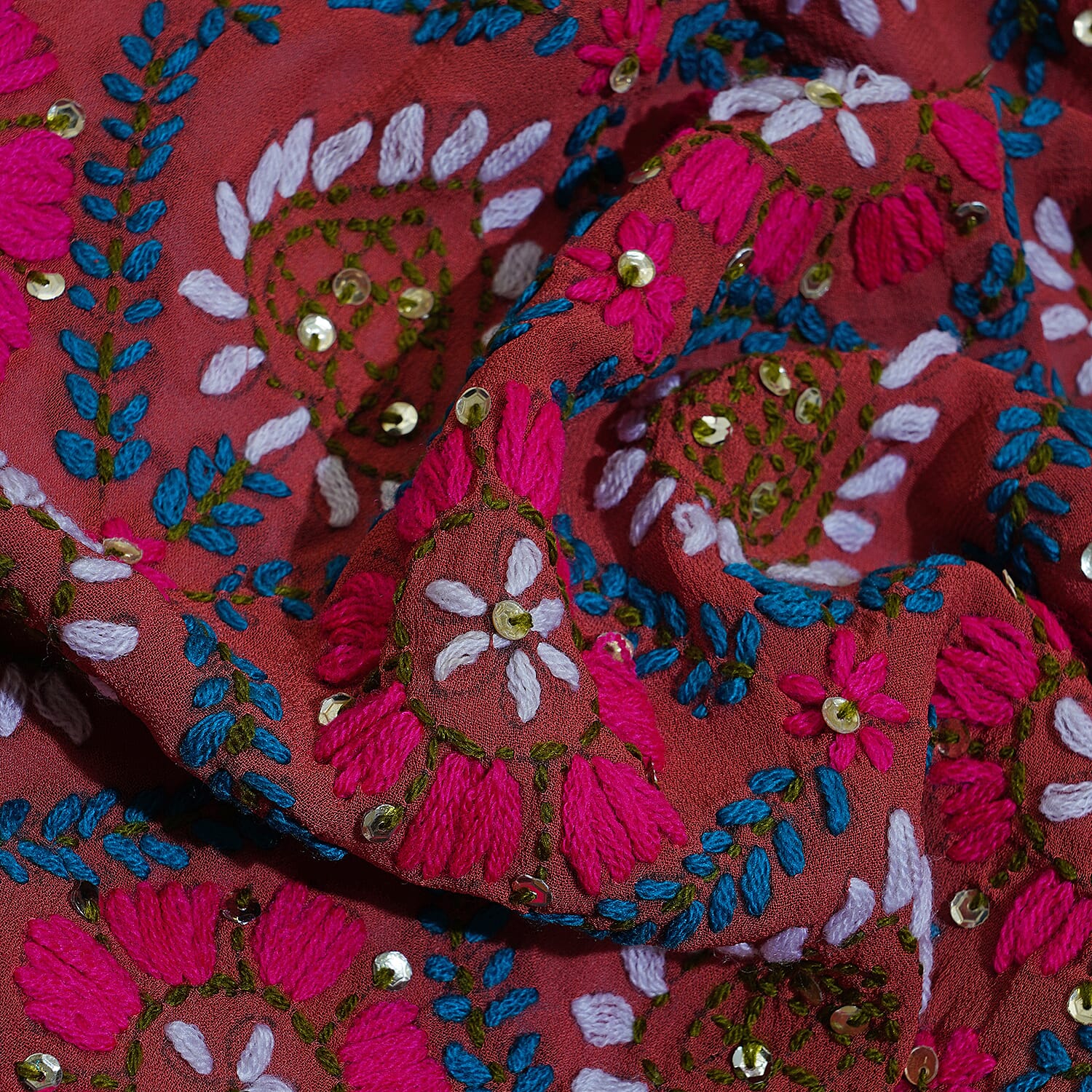 100% Viscose Indian Phulkari Embroidered Long Scarf (Size 198x88 Cm) - Maroon