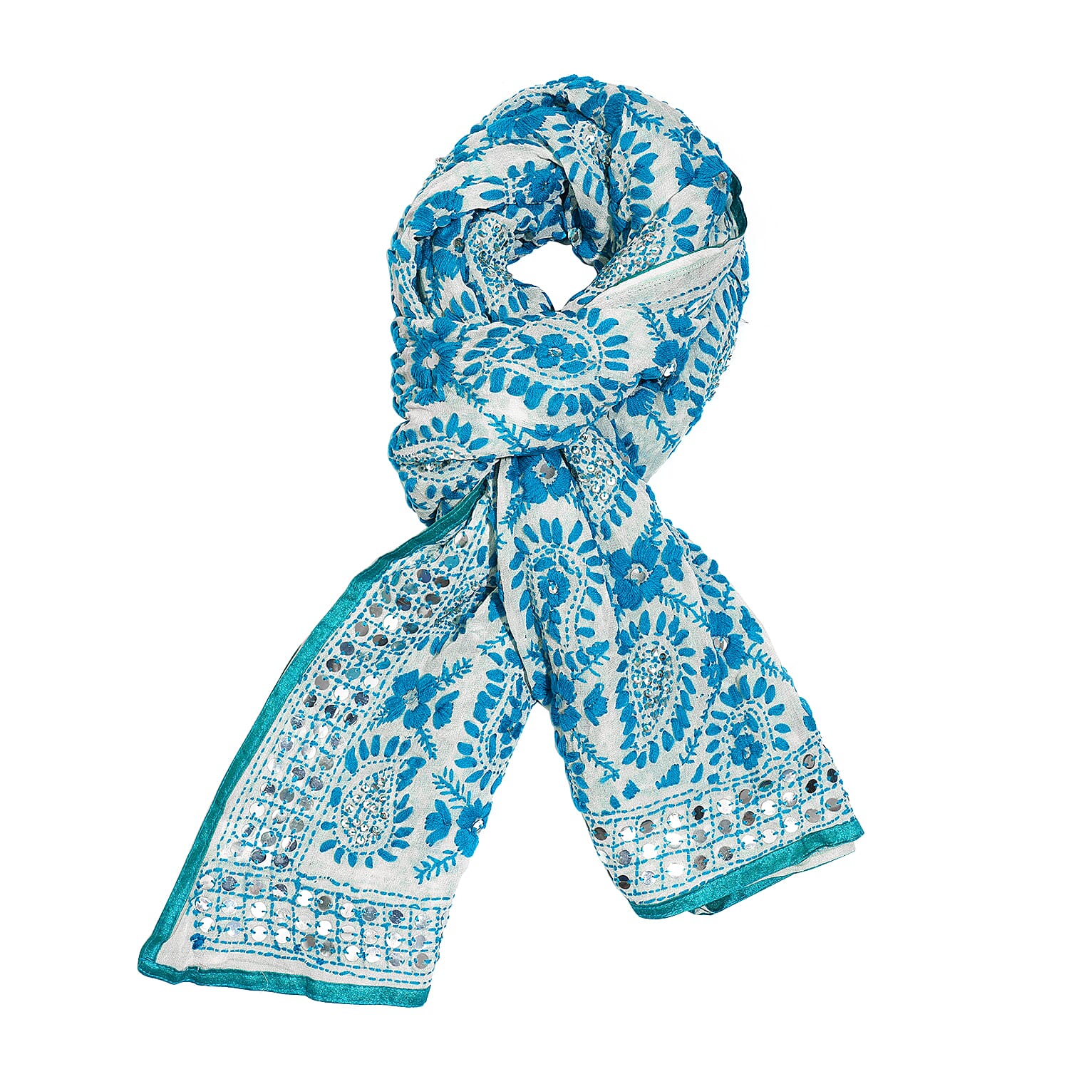 100% Viscose Indian Phulkari Embroidered Long Scarf (Size 198x88 Cm) - Blue