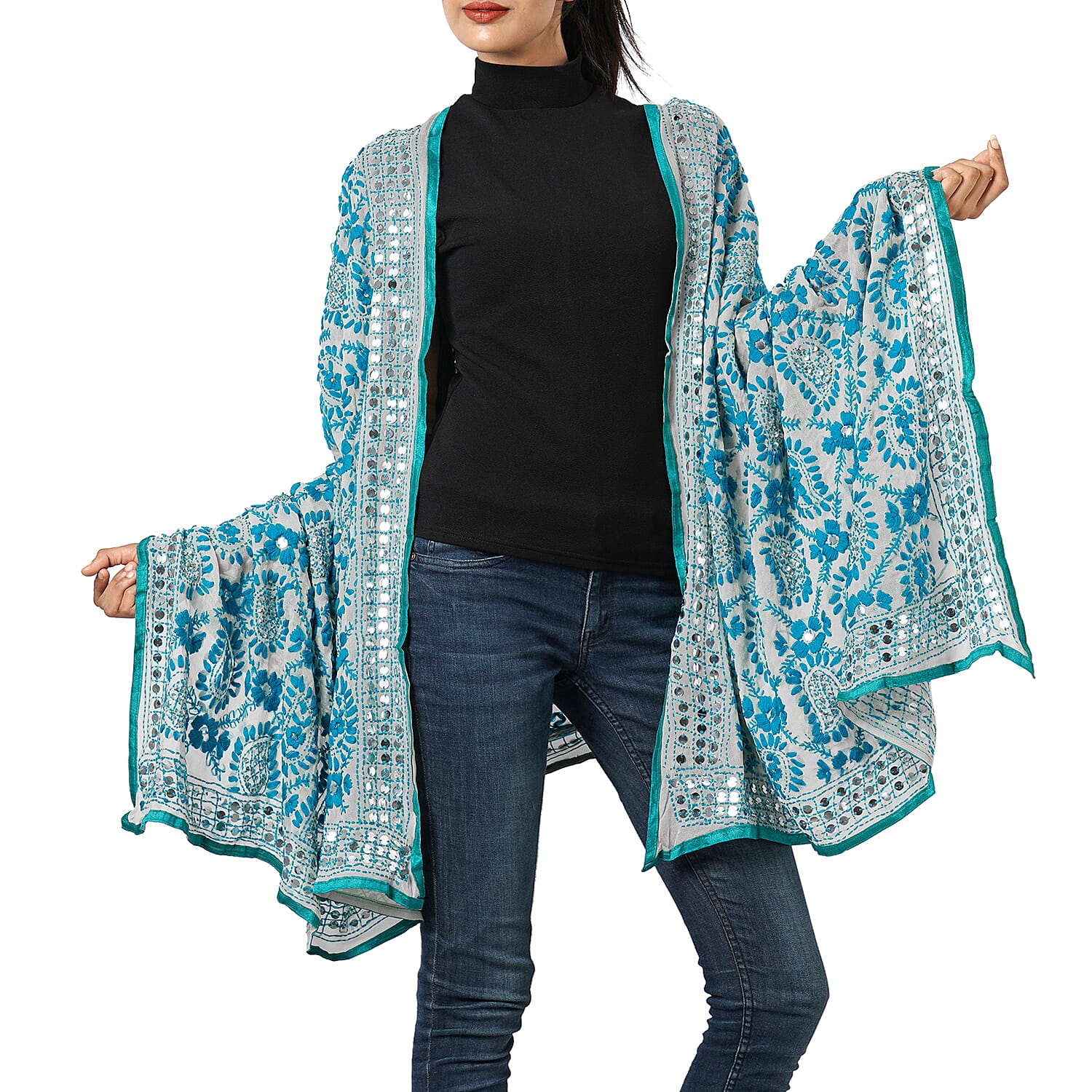 100% Viscose Indian Phulkari Embroidered Long Scarf (Size 198x88 Cm) - Blue