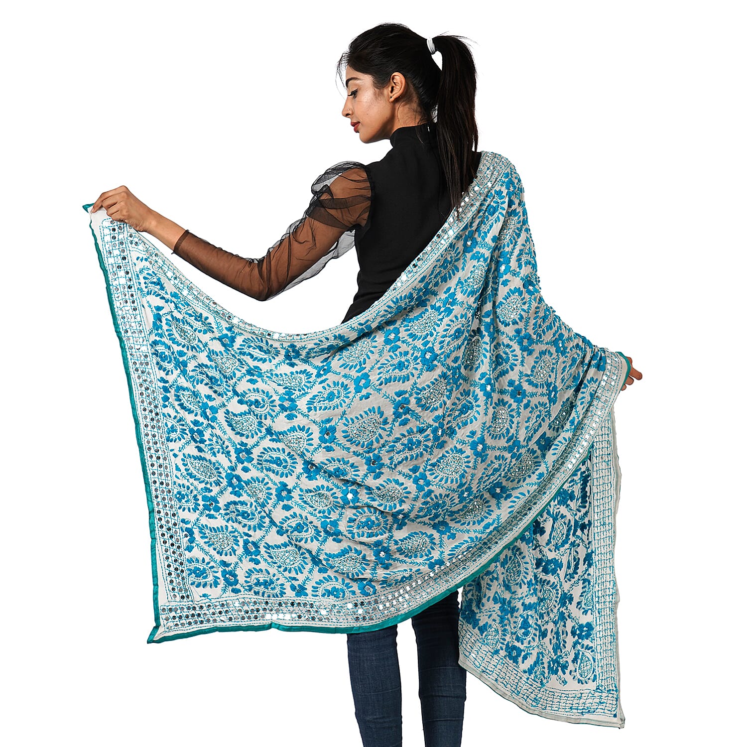 100% Viscose Indian Phulkari Embroidered Long Scarf (Size 198x88 Cm) - Blue