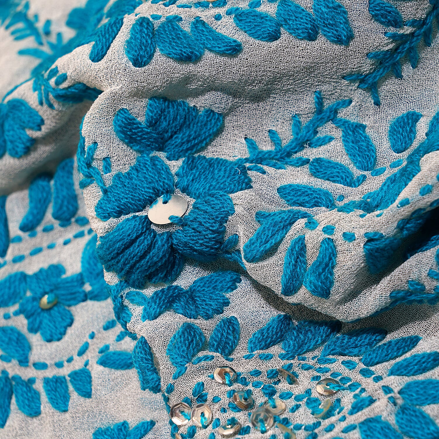 100% Viscose Indian Phulkari Embroidered Long Scarf (Size 198x88 Cm) - Blue