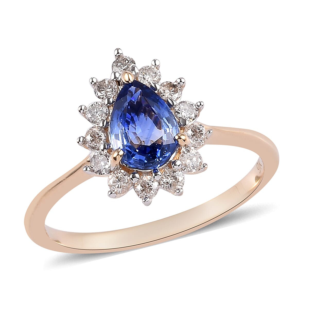 9K Yellow Gold AA Ceylon Blue Sapphire and Diamond (I3-G-H) Ring 1.00 Ct.