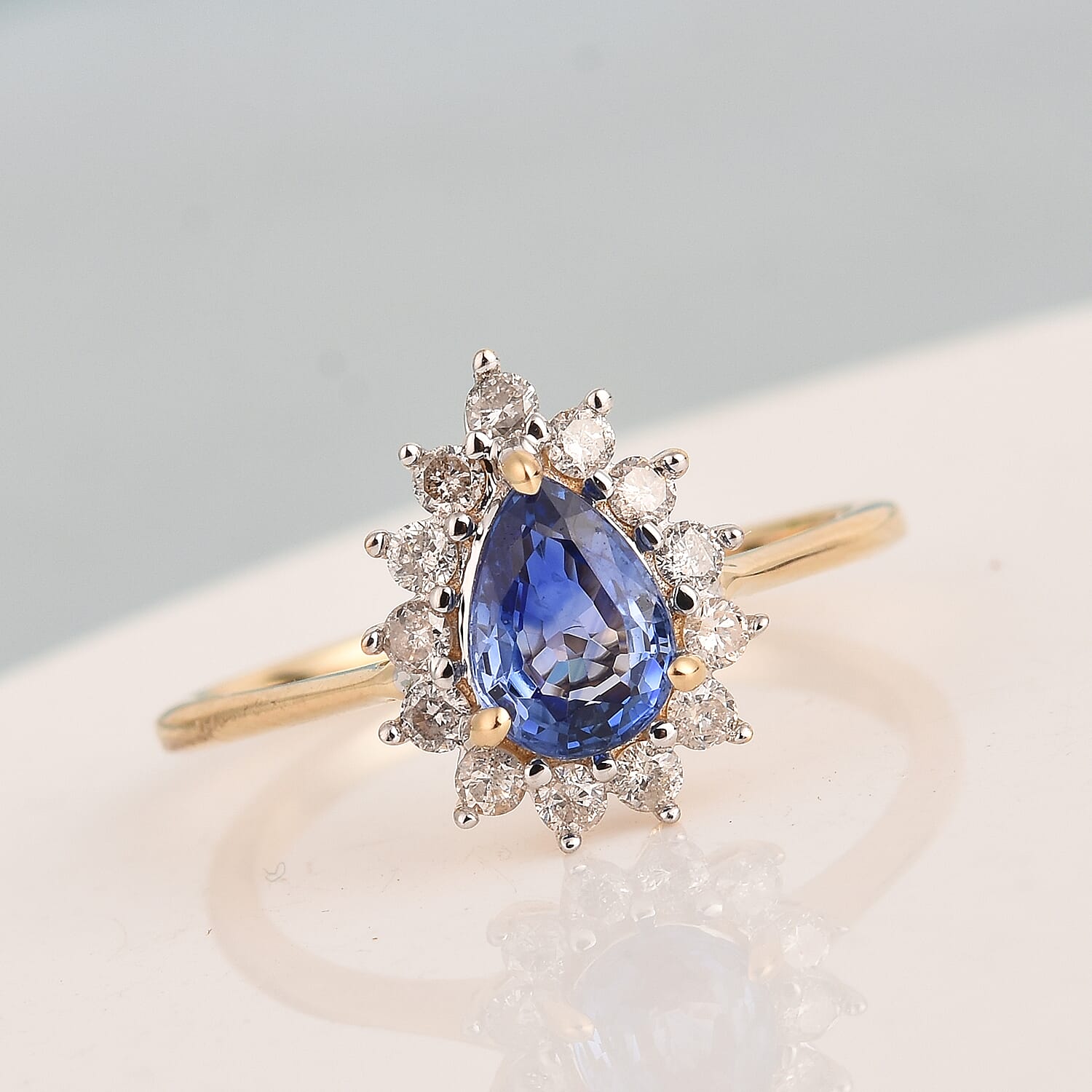 9K Yellow Gold AA Ceylon Blue Sapphire and Diamond (I3-G-H) Ring 1.00 Ct.