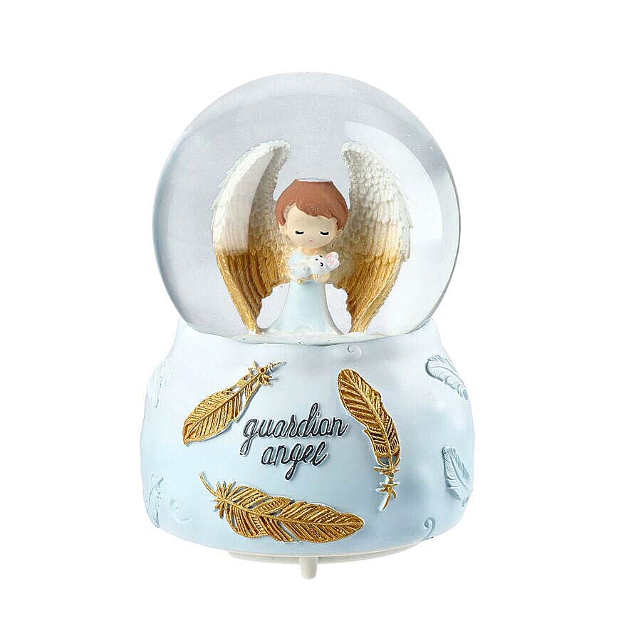 Gaurdian Angel Glass Music Ball with Auto Snowing (15x10cm) - White