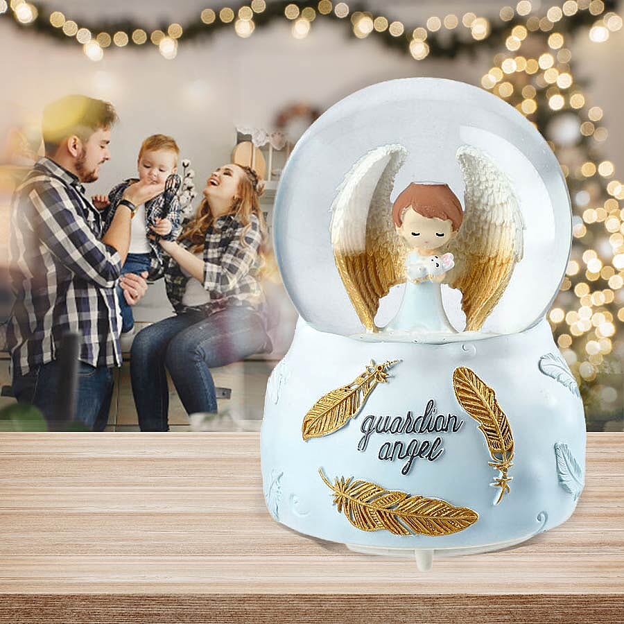 Gaurdian Angel Glass Music Ball with Auto Snowing (15x10cm) - White