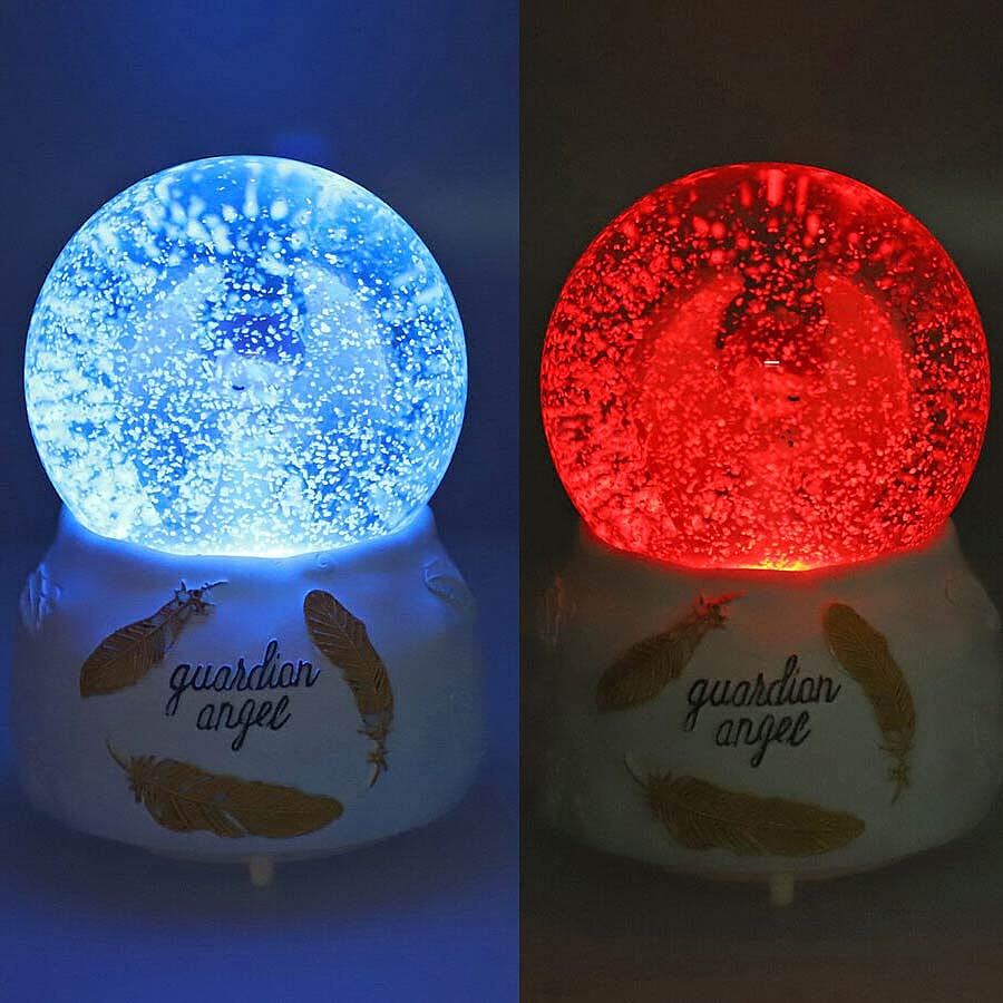Gaurdian Angel Glass Music Ball with Auto Snowing (15x10cm) - White