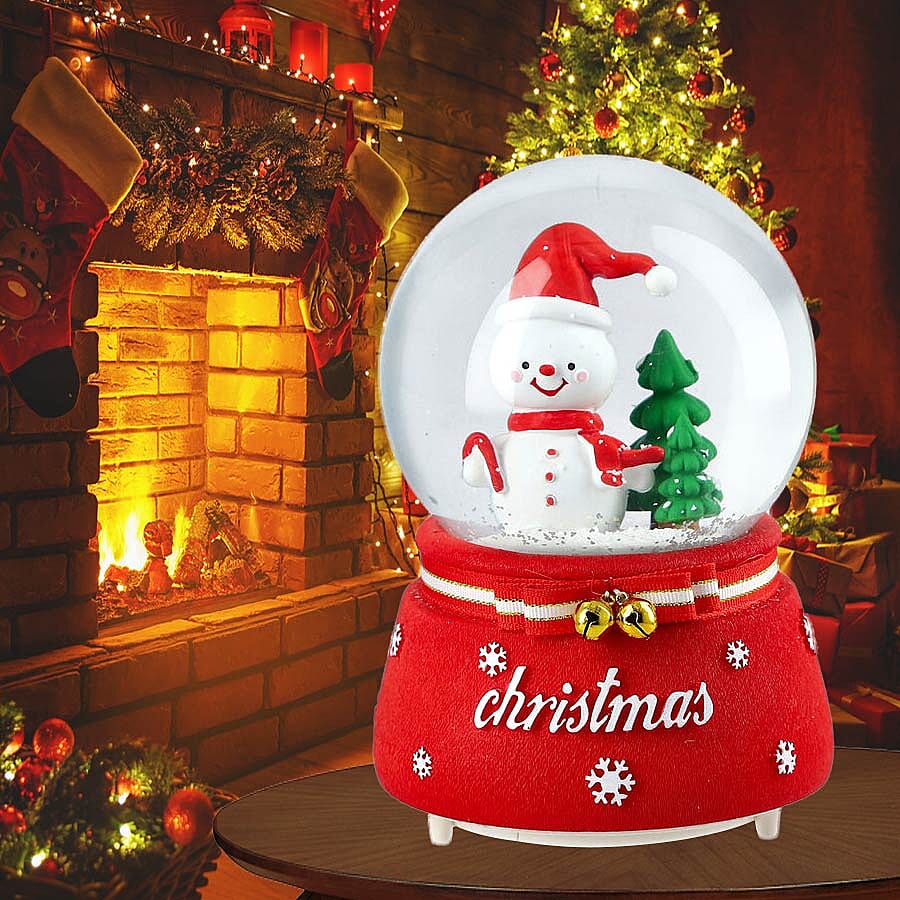 Christmas Theme Snowman and Tree Glass Music Ball with Auto Snowing (15x10cm) - Red
