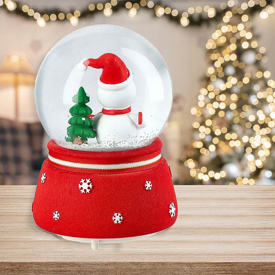 Christmas Theme Snowman and Tree Glass Music Ball with Auto Snowing (15x10cm) - Red