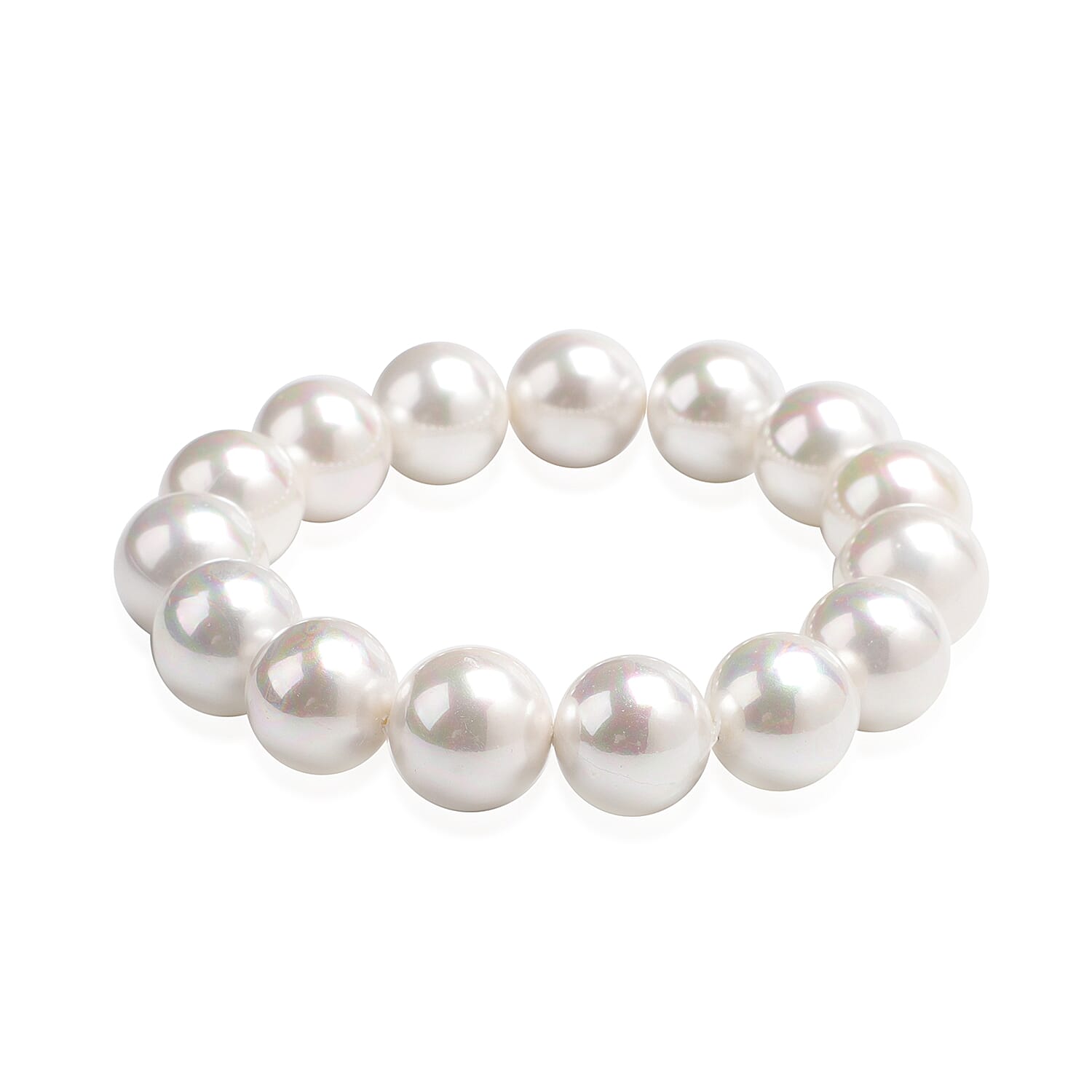 2 Piece Set - White Shell Pearl Beaded Stretchable Bracelet (Size 7) and Earrings (with Push Back) in Rhodium Overlay Sterling Silver