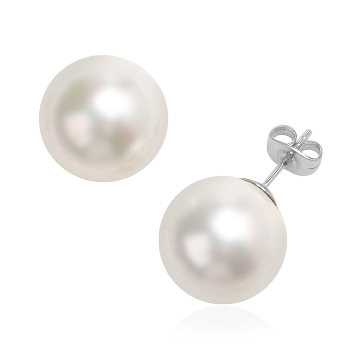 2 Piece Set - White Shell Pearl Beaded Stretchable Bracelet (Size 7) and Earrings (with Push Back) in Rhodium Overlay Sterling Silver