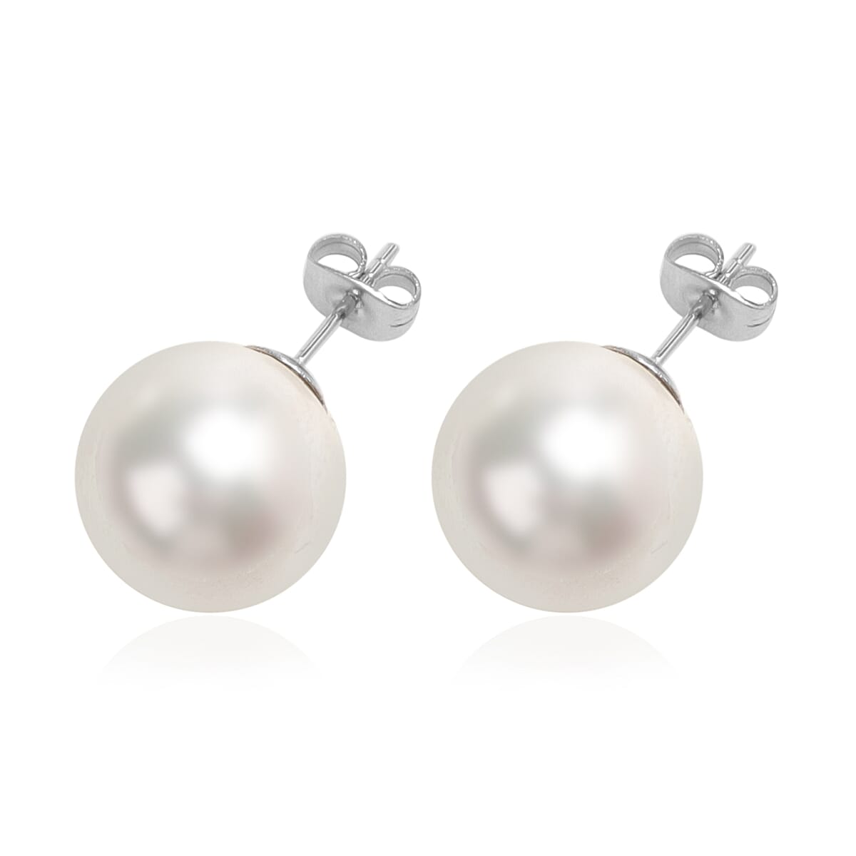 2 Piece Set - White Shell Pearl Beaded Stretchable Bracelet (Size 7) and Earrings (with Push Back) in Rhodium Overlay Sterling Silver