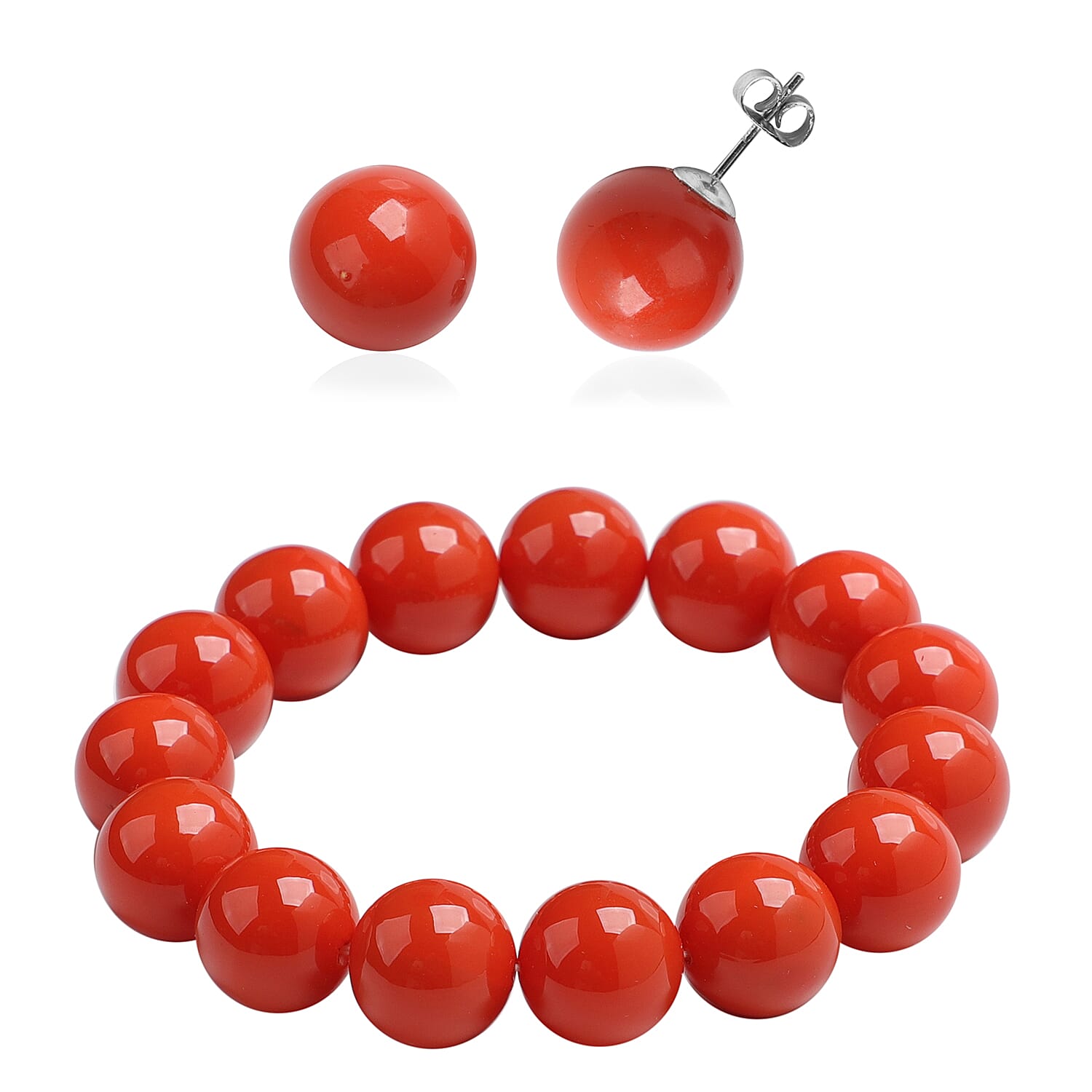 2 Piece Set - Living Coral Colour Shell Pearl Beaded Stretchable Bracelet (Size 7) and Earrings (with Push Back) in Rhodium Overlay Sterling Silver