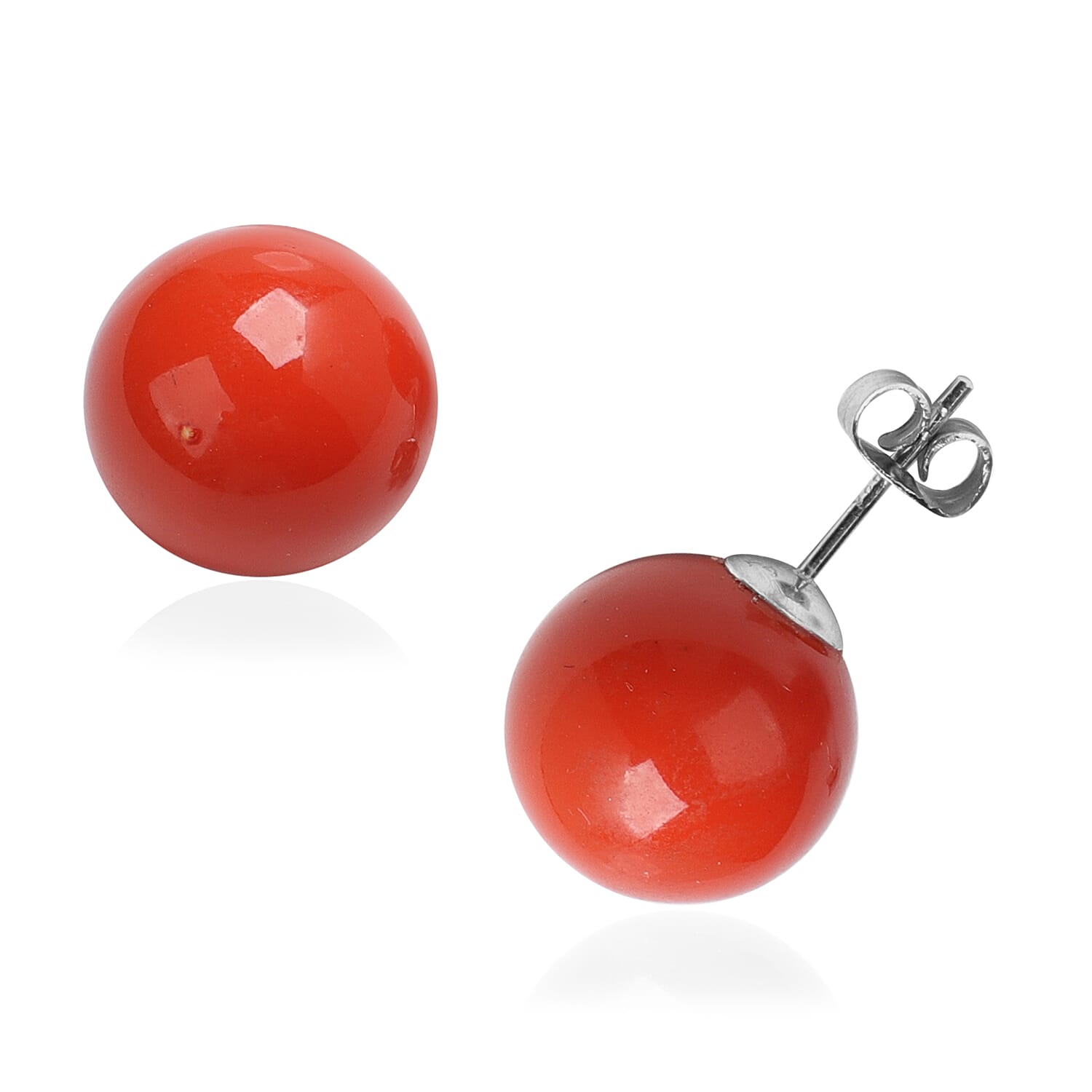 2 Piece Set - Living Coral Colour Shell Pearl Beaded Stretchable Bracelet (Size 7) and Earrings (with Push Back) in Rhodium Overlay Sterling Silver