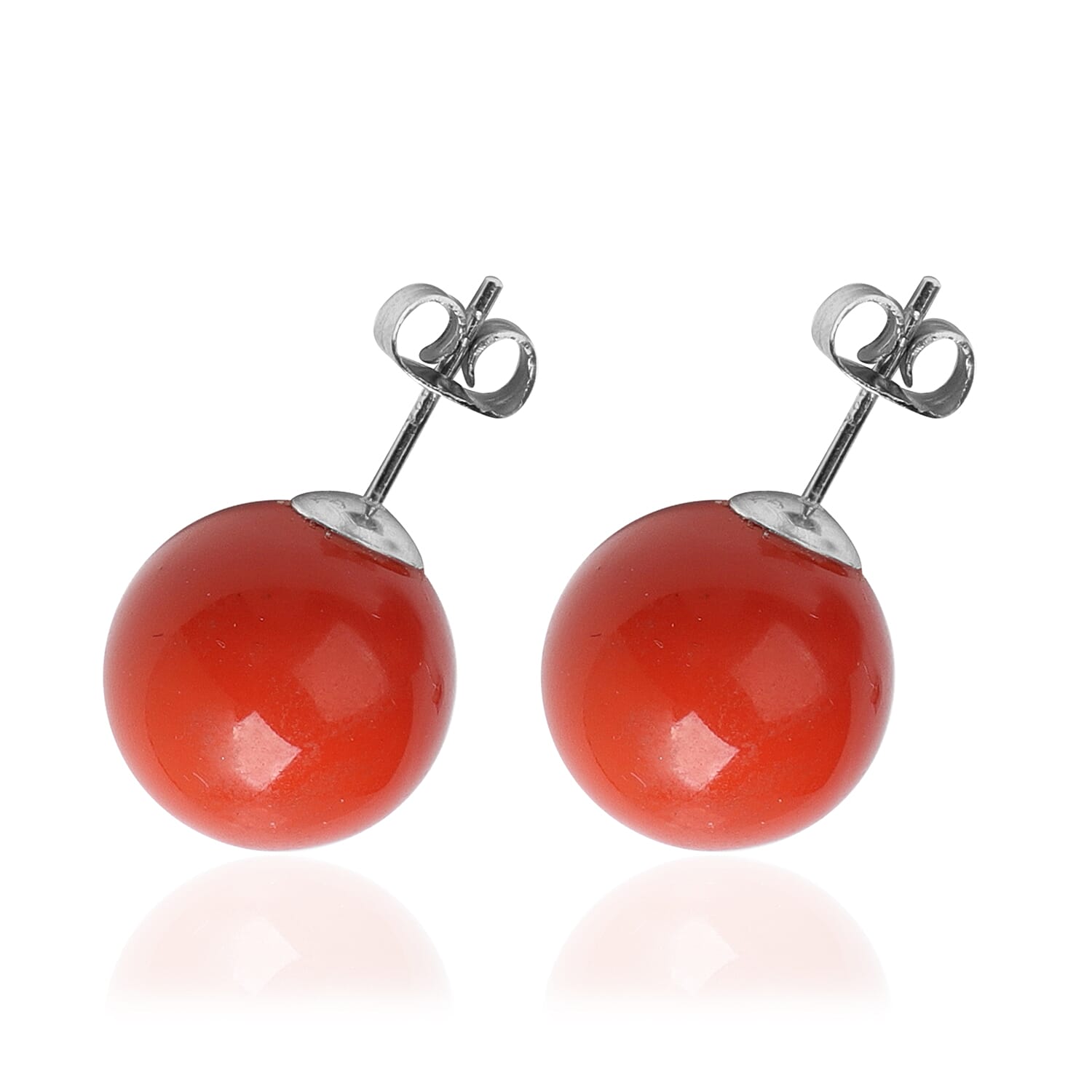 2 Piece Set - Living Coral Colour Shell Pearl Beaded Stretchable Bracelet (Size 7) and Earrings (with Push Back) in Rhodium Overlay Sterling Silver