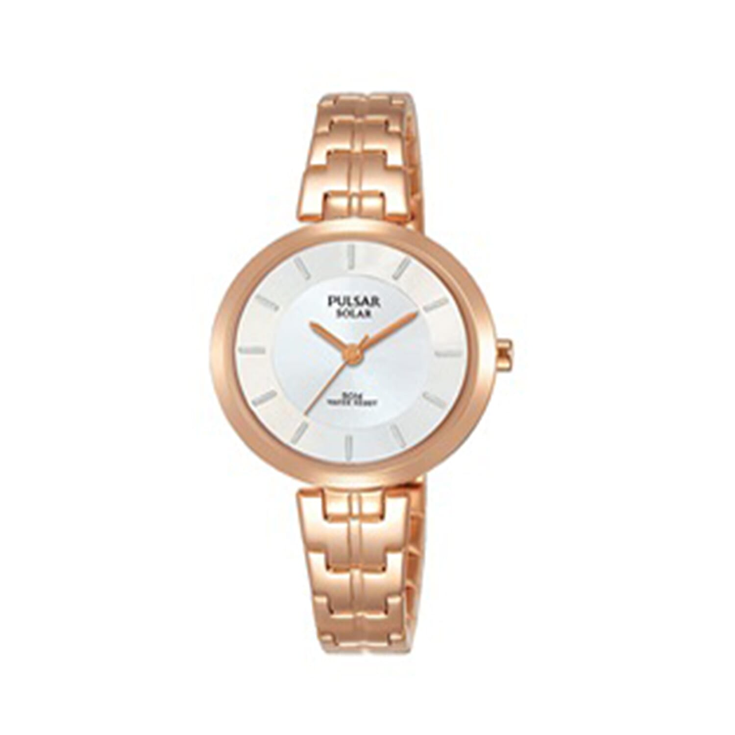 Pulsar Ladies Solar White Dial Rose Gold Plated Bracelet 50M Watch