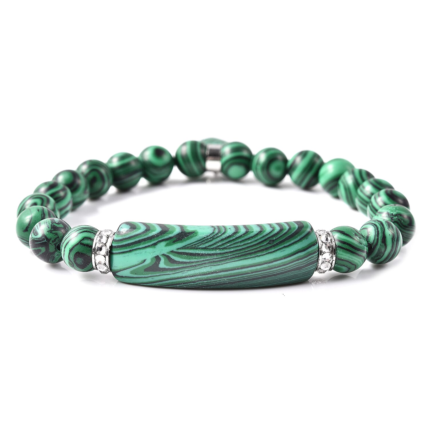 Simulated Malachite, White Austrian Crystal Stretchable Bracelet in Stainless Steel (Size 7)