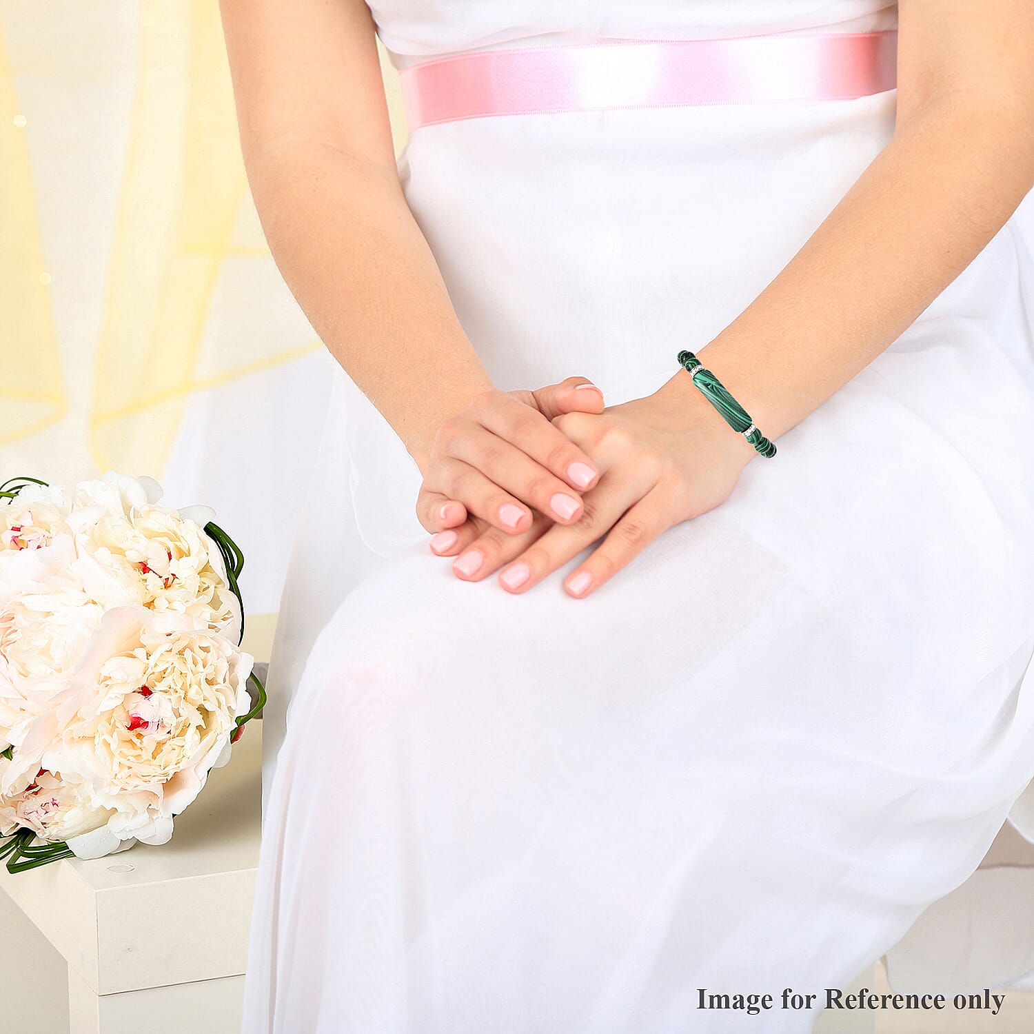 Simulated Malachite, White Austrian Crystal Stretchable Bracelet in Stainless Steel (Size 7)