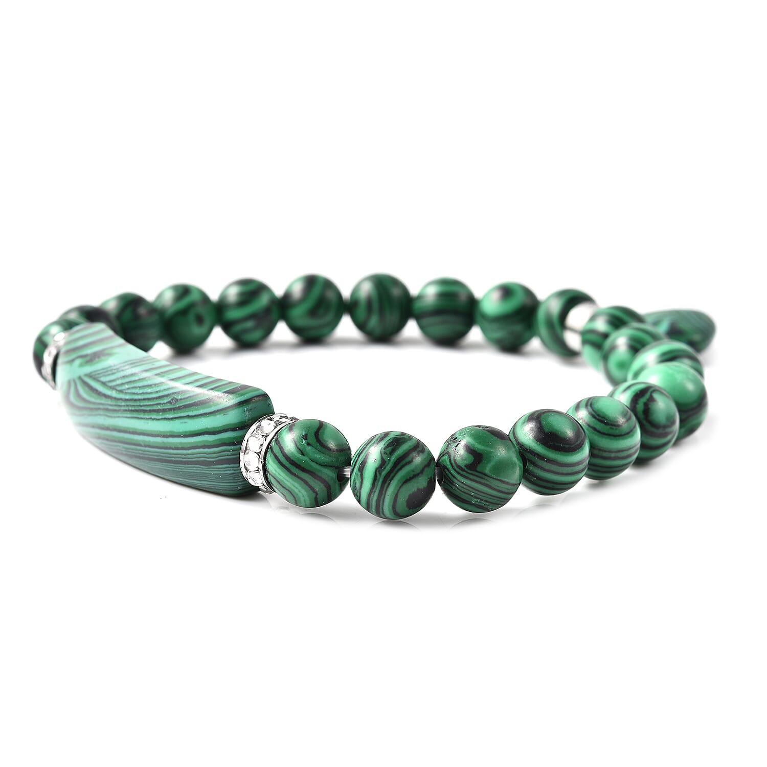 Simulated Malachite, White Austrian Crystal Stretchable Bracelet in Stainless Steel (Size 7)