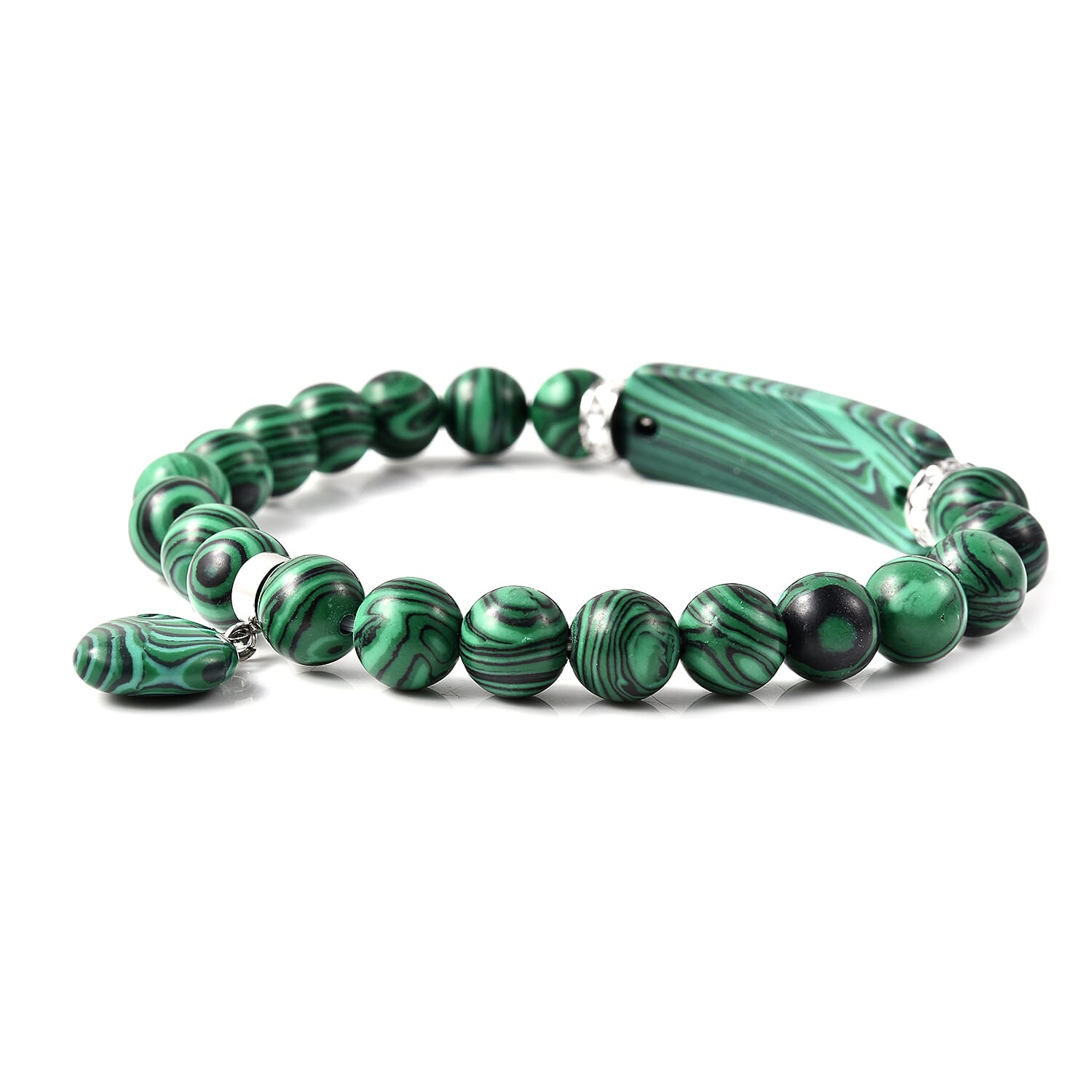 Simulated Malachite, White Austrian Crystal Stretchable Bracelet in Stainless Steel (Size 7)